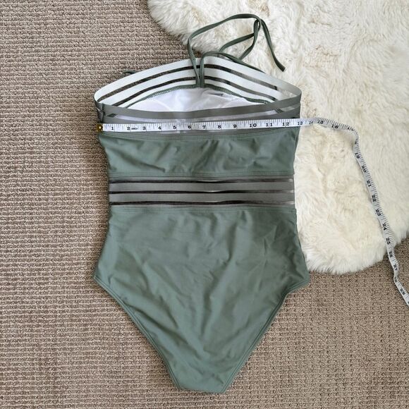 Mesh Cutout Halter Swimsuit S - Sage Green - Picture 4 of 7